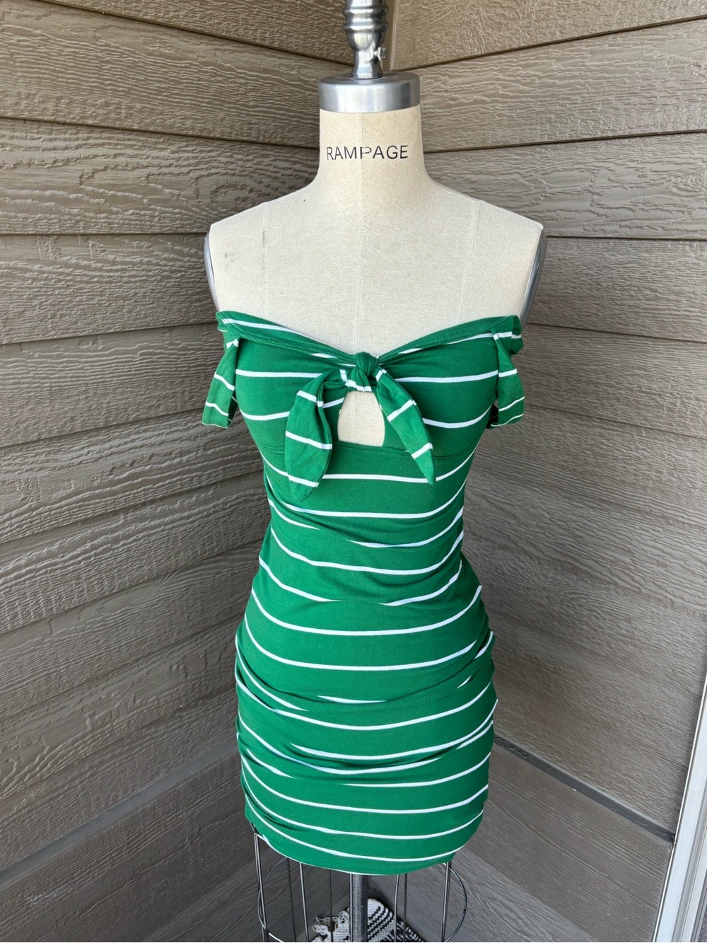 Forever 21 Green and White Striped Off-Shoulder Tie-Front Mini Dresss